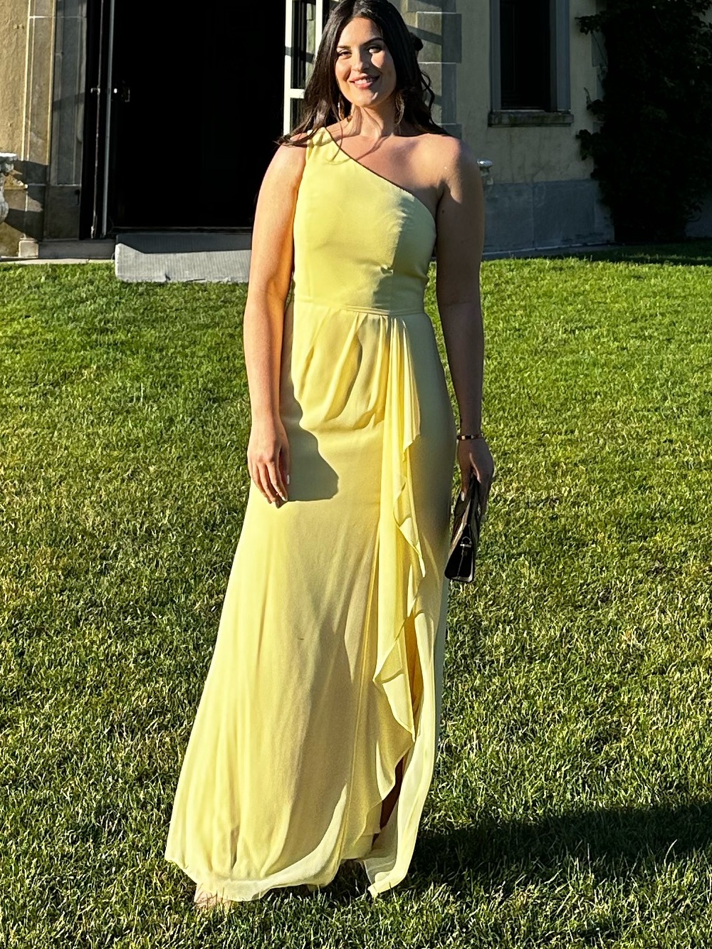 David's Bridal One-Shoulder Yellow Chiffon Gown